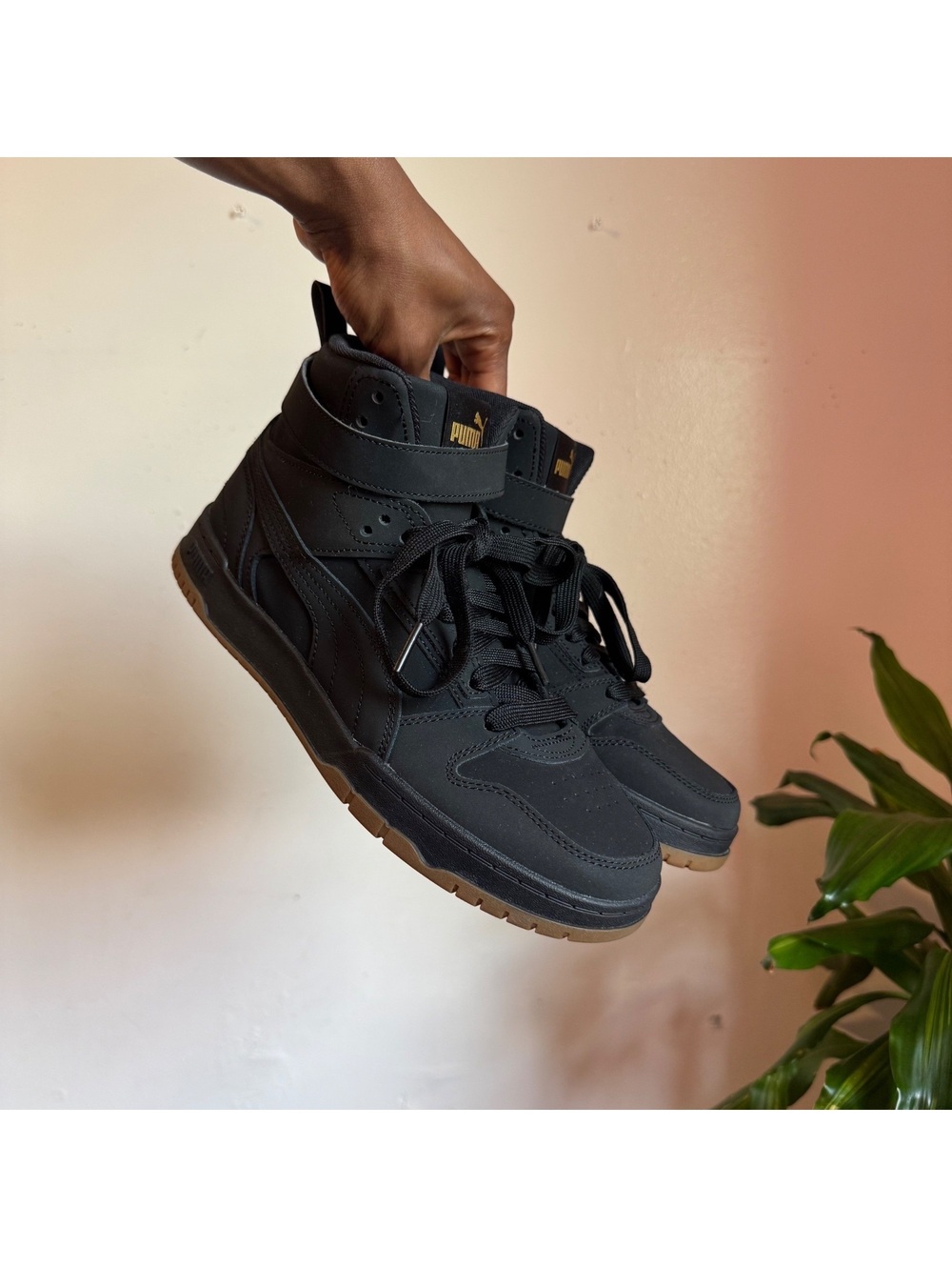 Puma unisex RBD Game High Top Sneakers Black Gold Gum Sole Mens 7.5 women’s 9